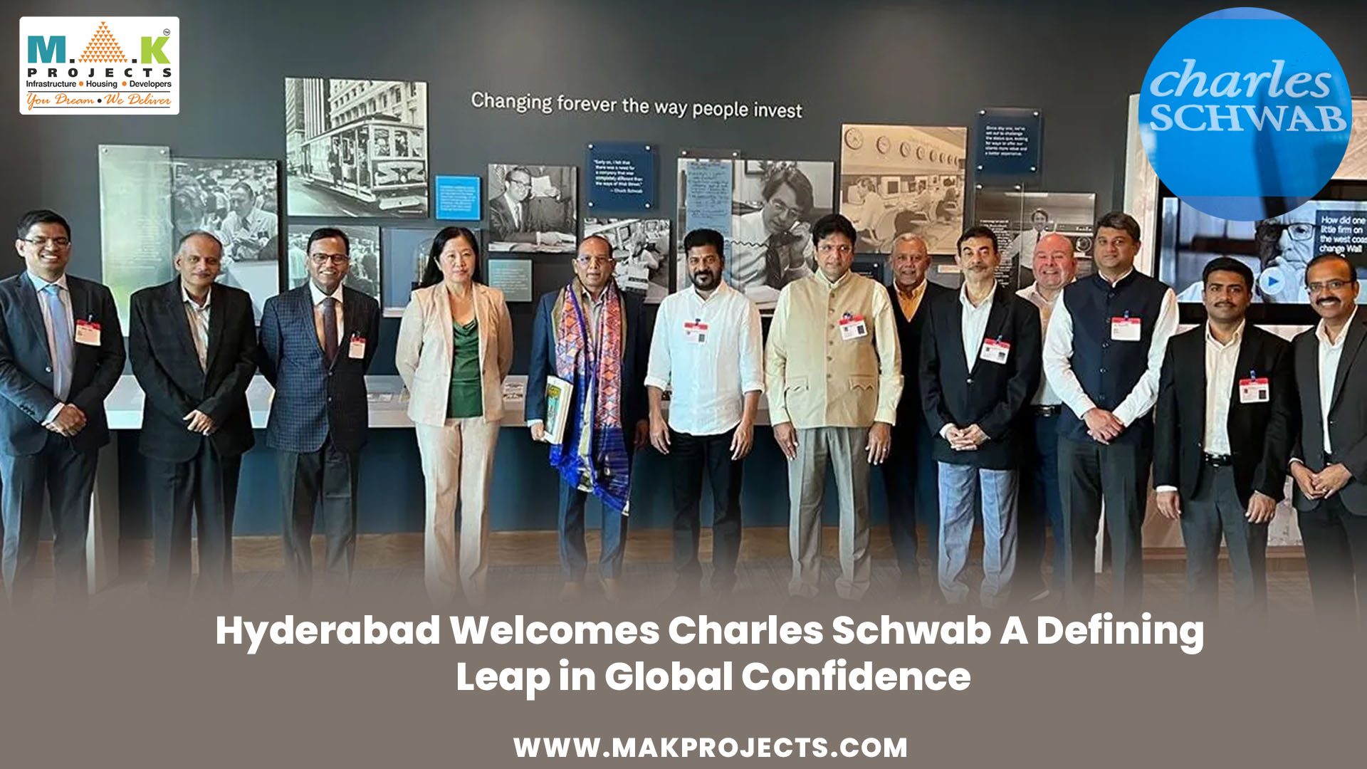 Telangana government delegation with Charles Schwab executives during the launch of the Global Capability Center in Hyderabad, highlighting global investor confidence in the city.